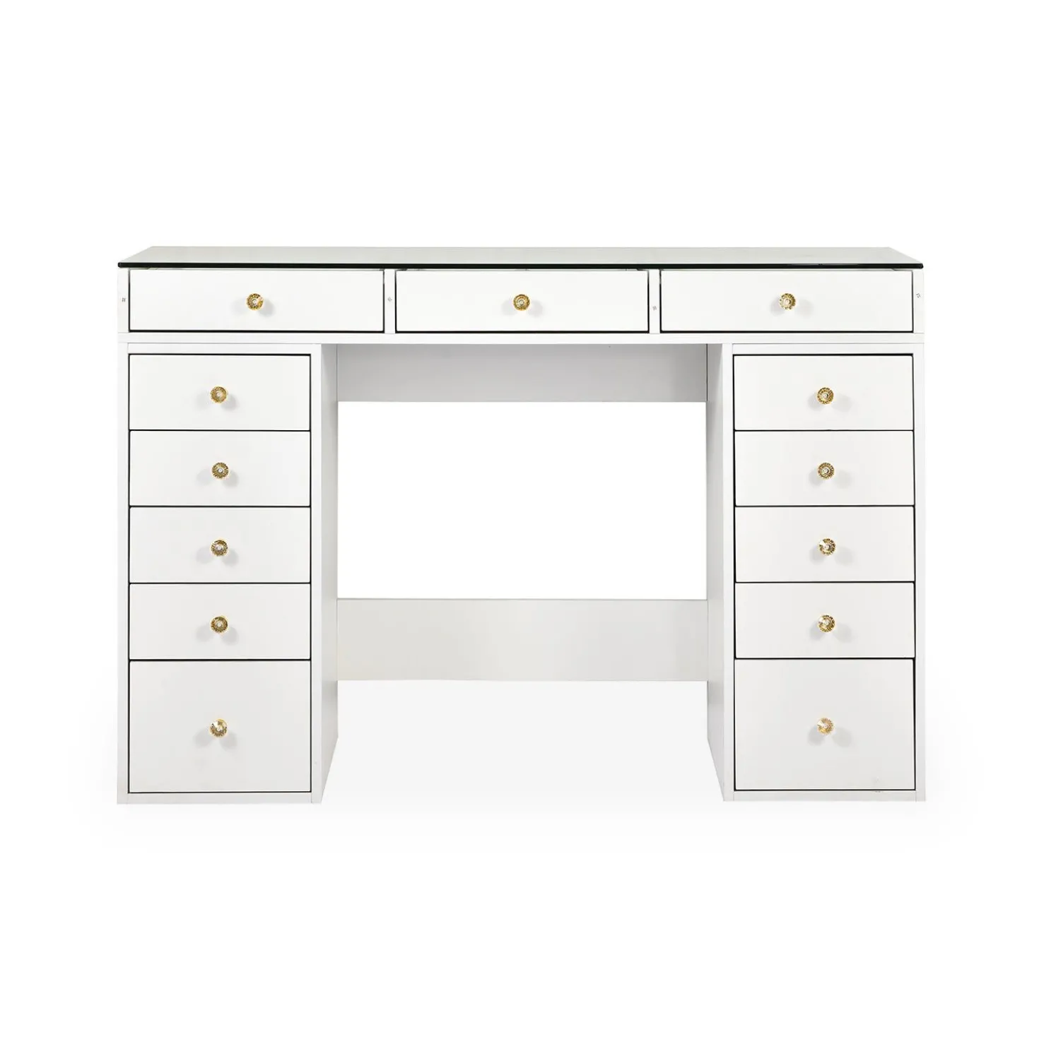 Coiffeuse moderne avec 13 tiroirs et plateau en verre transparent L120cm Probeauty Blanc
