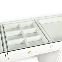 Coiffeuse moderne avec 13 tiroirs et plateau en verre transparent L120cm Probeauty Blanc