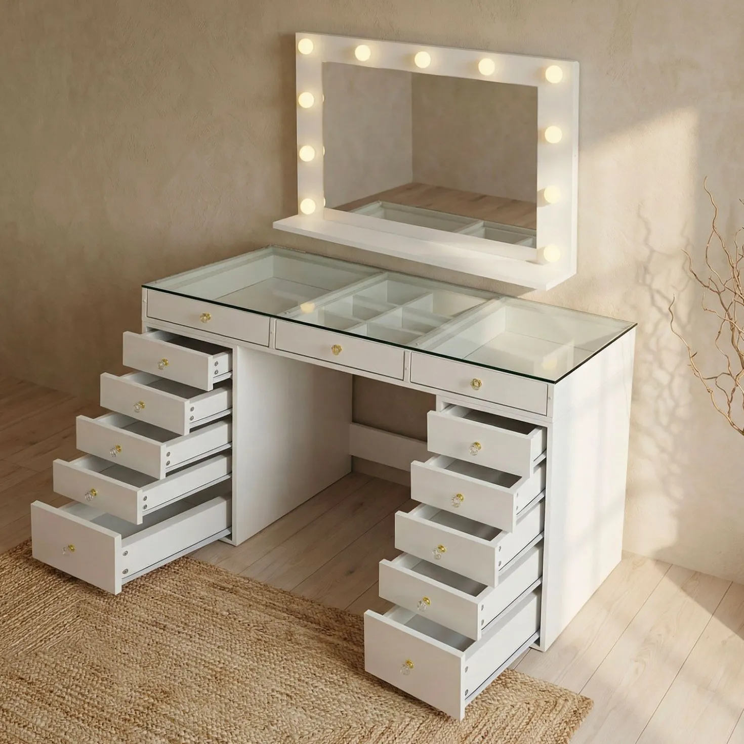 Coiffeuse moderne 13 tiroirs avec miroir lumineux et plateau en verre L120cm Probeauty Blanc