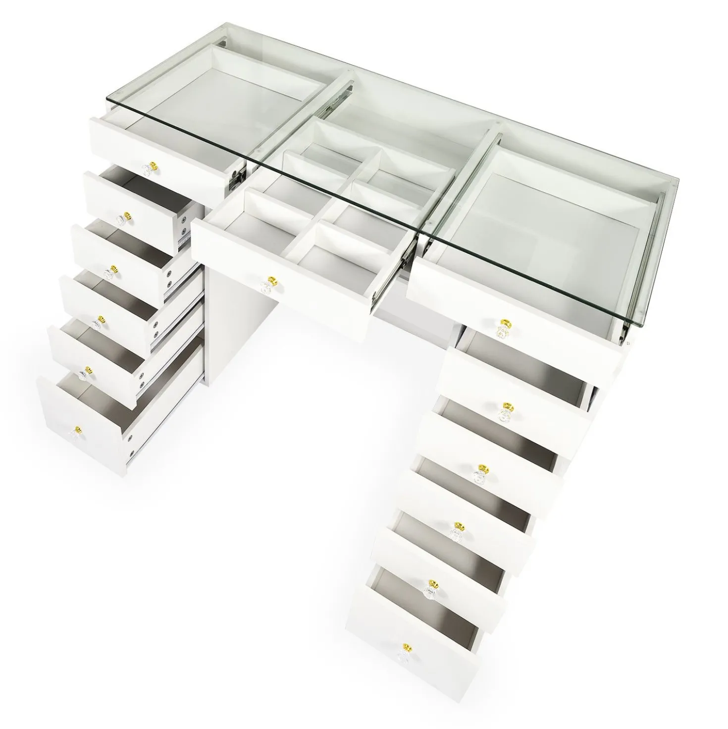 Coiffeuse moderne 13 tiroirs avec miroir lumineux et plateau en verre L120cm Probeauty Blanc