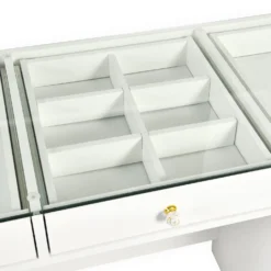 Coiffeuse moderne 13 tiroirs avec miroir lumineux et plateau en verre L120cm Probeauty Blanc