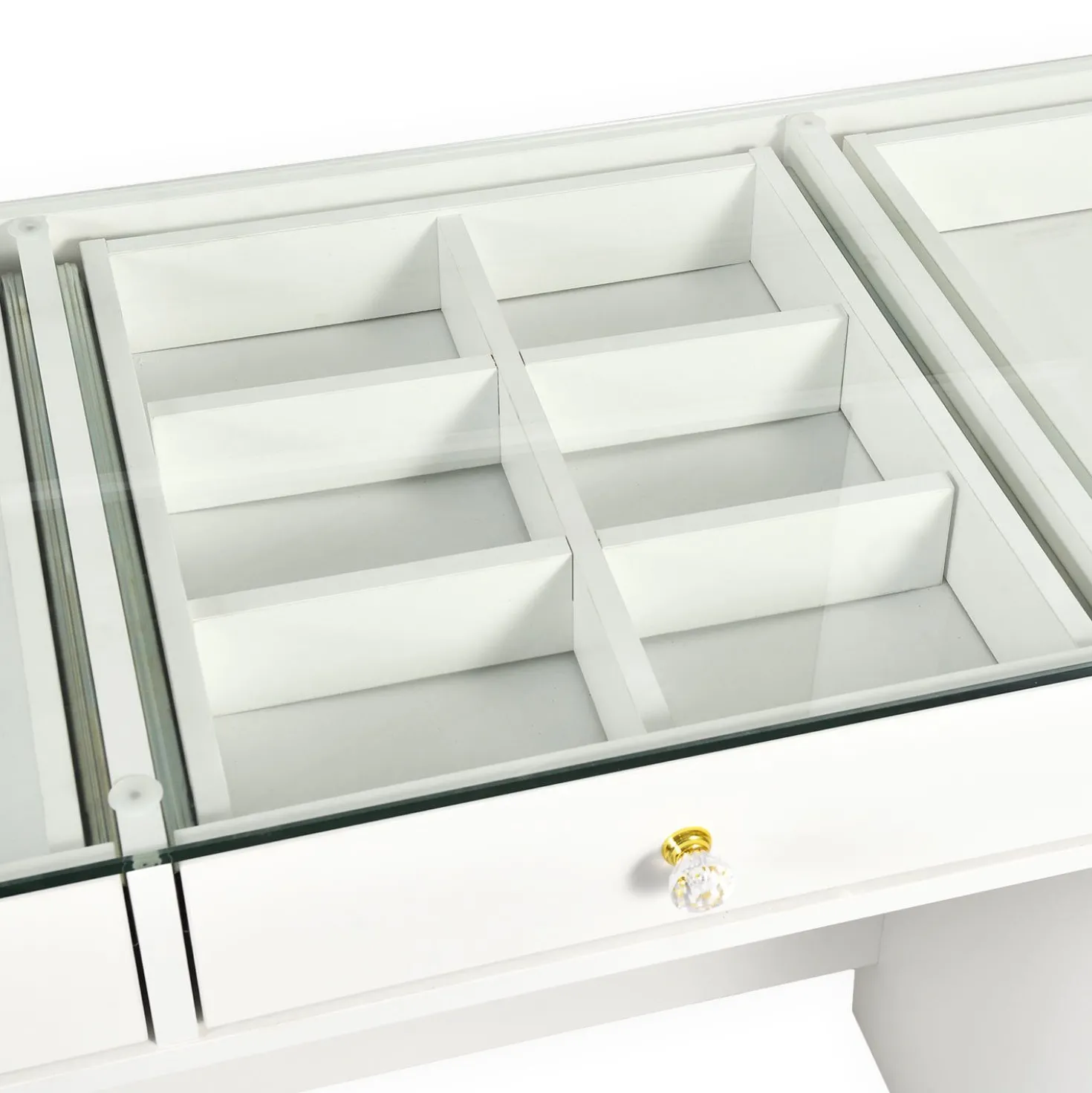 Coiffeuse moderne 13 tiroirs avec miroir lumineux et plateau en verre L120cm Probeauty Blanc