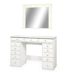 Coiffeuse moderne 13 tiroirs avec miroir lumineux et plateau en verre L120cm Probeauty Blanc