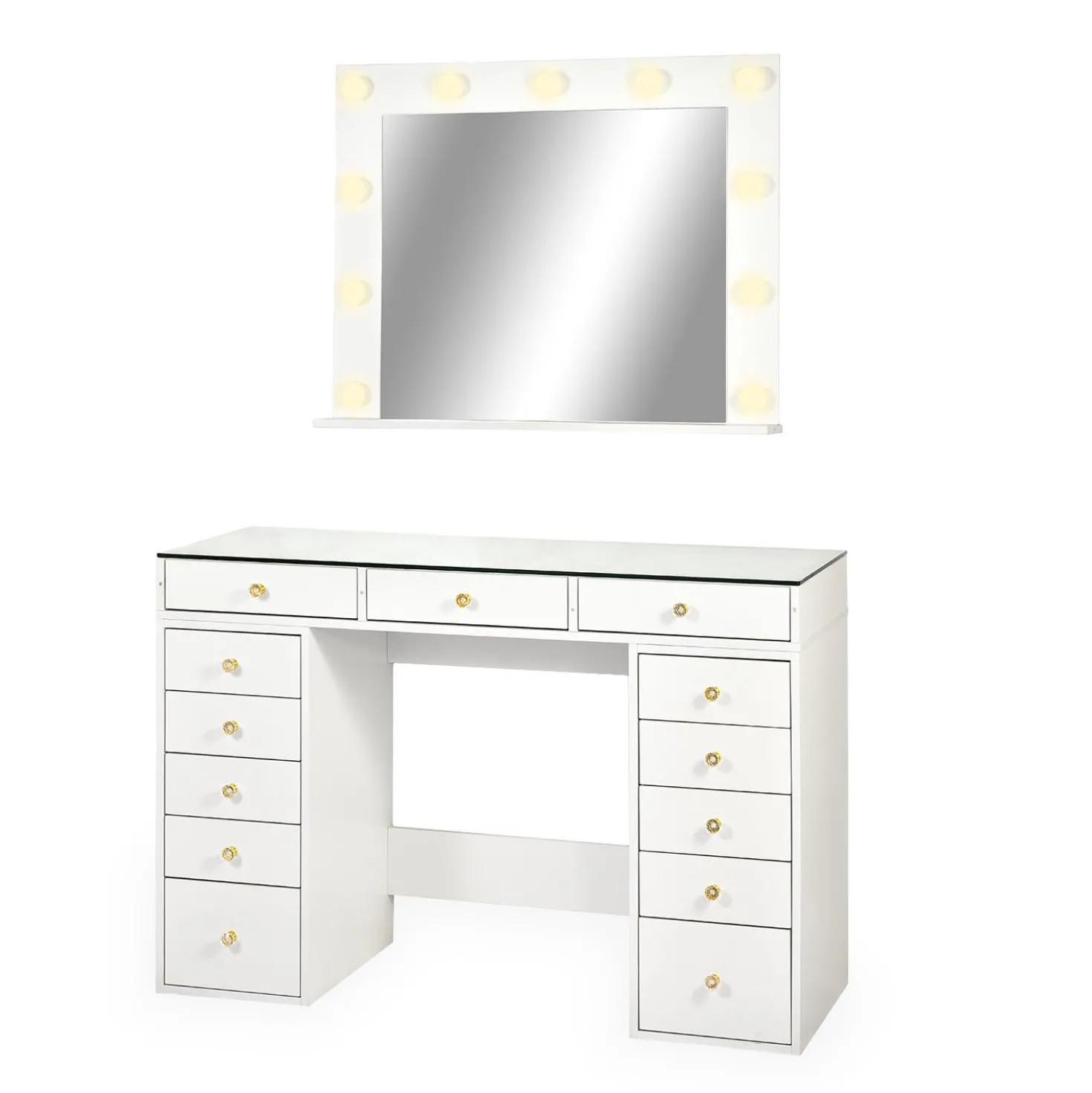 Coiffeuse moderne 13 tiroirs avec miroir lumineux et plateau en verre L120cm Probeauty Blanc