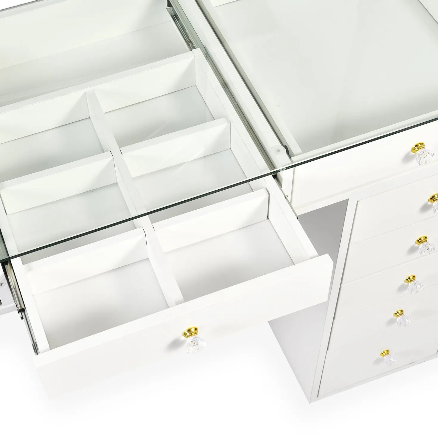 Coiffeuse moderne 13 tiroirs avec miroir lumineux et plateau en verre L120cm Probeauty Blanc