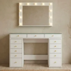 Coiffeuse moderne 13 tiroirs avec miroir lumineux et plateau en verre L120cm Probeauty Blanc