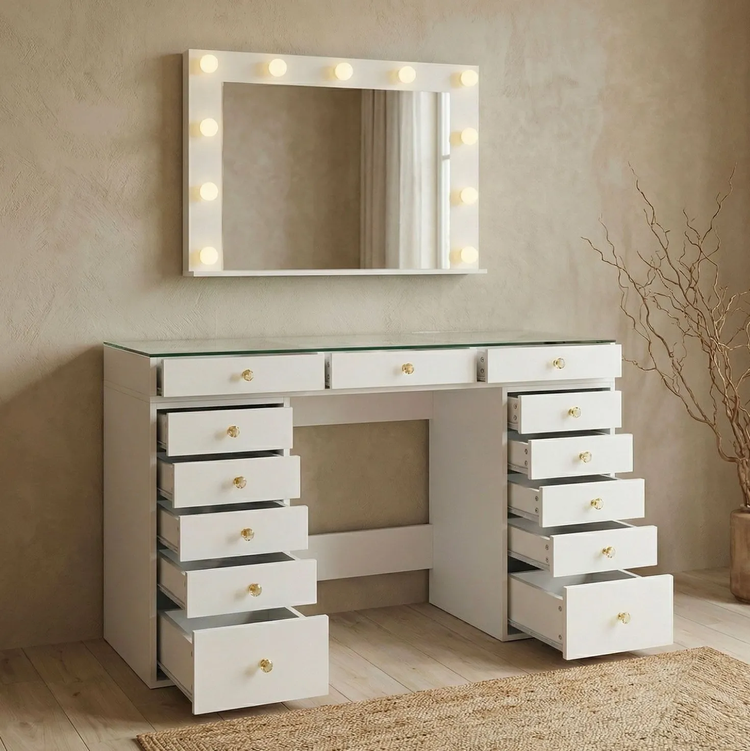 Coiffeuse moderne 13 tiroirs avec miroir lumineux et plateau en verre L120cm Probeauty Blanc