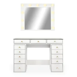 Coiffeuse moderne 13 tiroirs avec miroir lumineux et plateau en verre L120cm Probeauty Blanc
