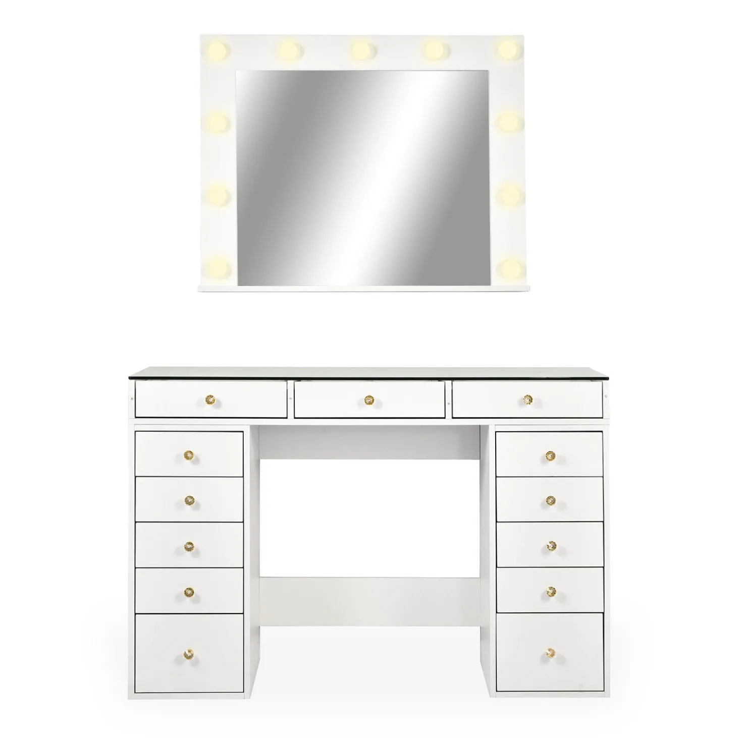 Coiffeuse moderne 13 tiroirs avec miroir lumineux et plateau en verre L120cm Probeauty Blanc