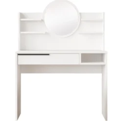 Coiffeuse à tiroir L100cm avec étagères et miroir rond Onara Blanc