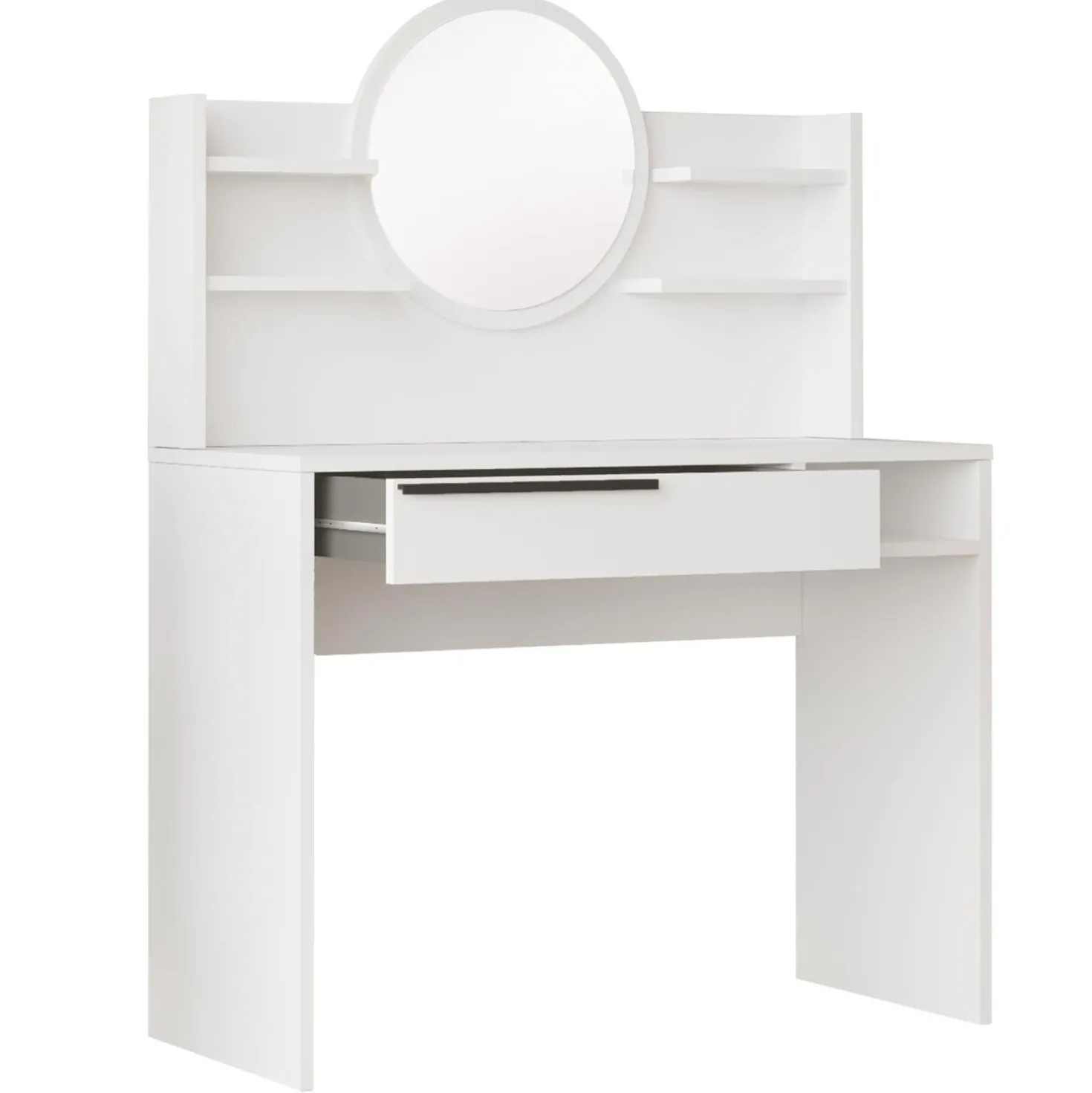 Coiffeuse à tiroir L100cm avec étagères et miroir rond Onara Blanc