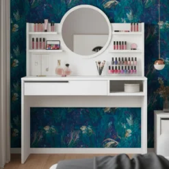 Coiffeuse à tiroir L100cm avec étagères et miroir rond Onara Blanc