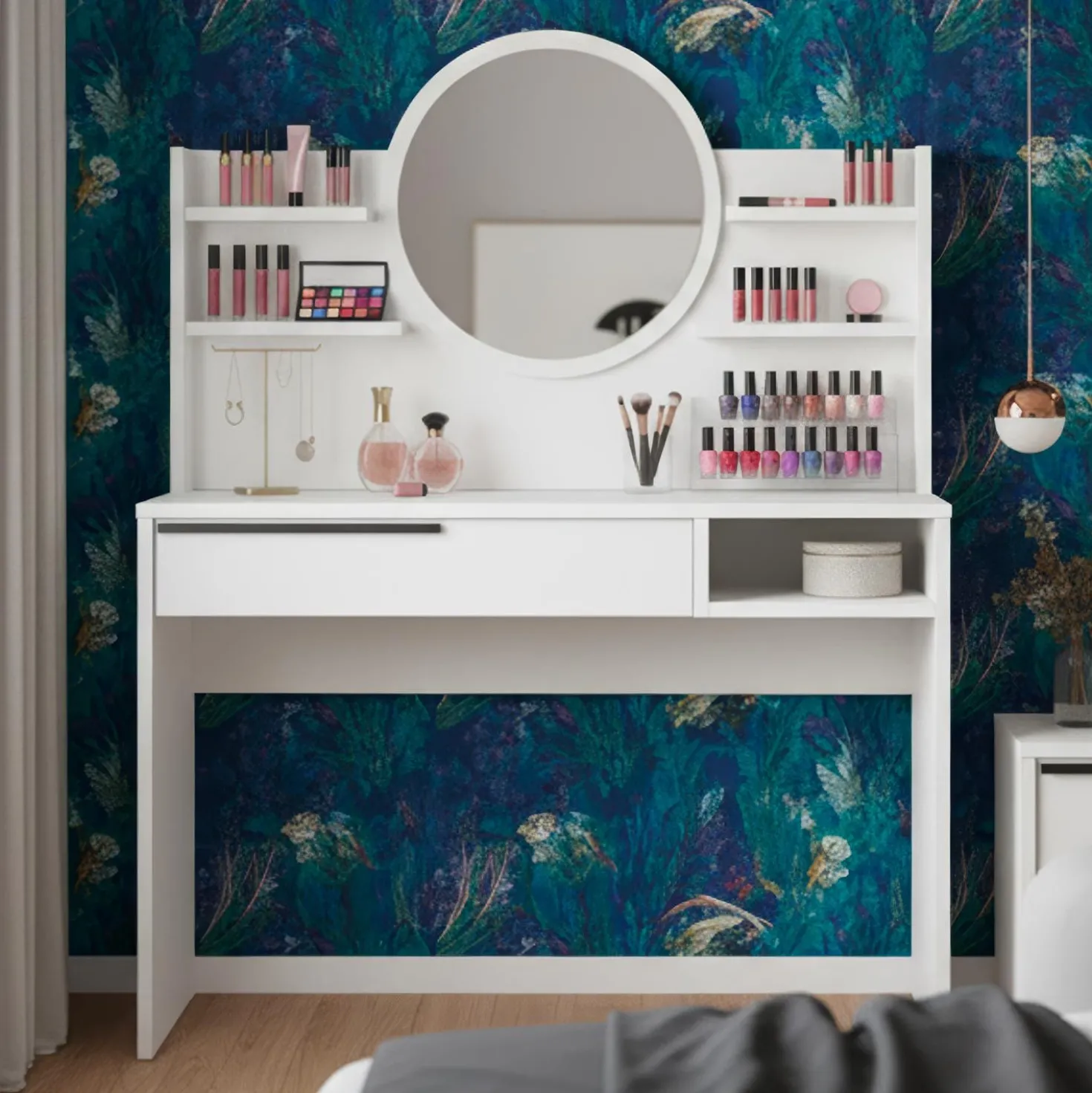 Coiffeuse à tiroir L100cm avec étagères et miroir rond Onara Blanc