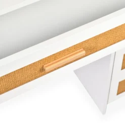 Coiffeuse 4 tiroirs et miroir LED 3 couleurs Miraclas L92cm Bois Blanc et Rotin