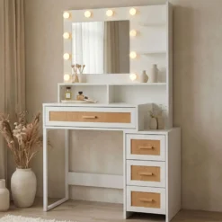 Coiffeuse 4 tiroirs et miroir LED 3 couleurs Miraclas L92cm Bois Blanc et Rotin