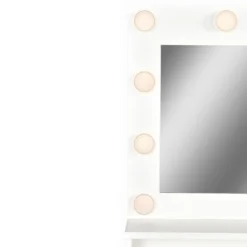 Coiffeuse 4 tiroirs et miroir LED 3 couleurs Miraclas L92cm Bois Blanc et Rotin