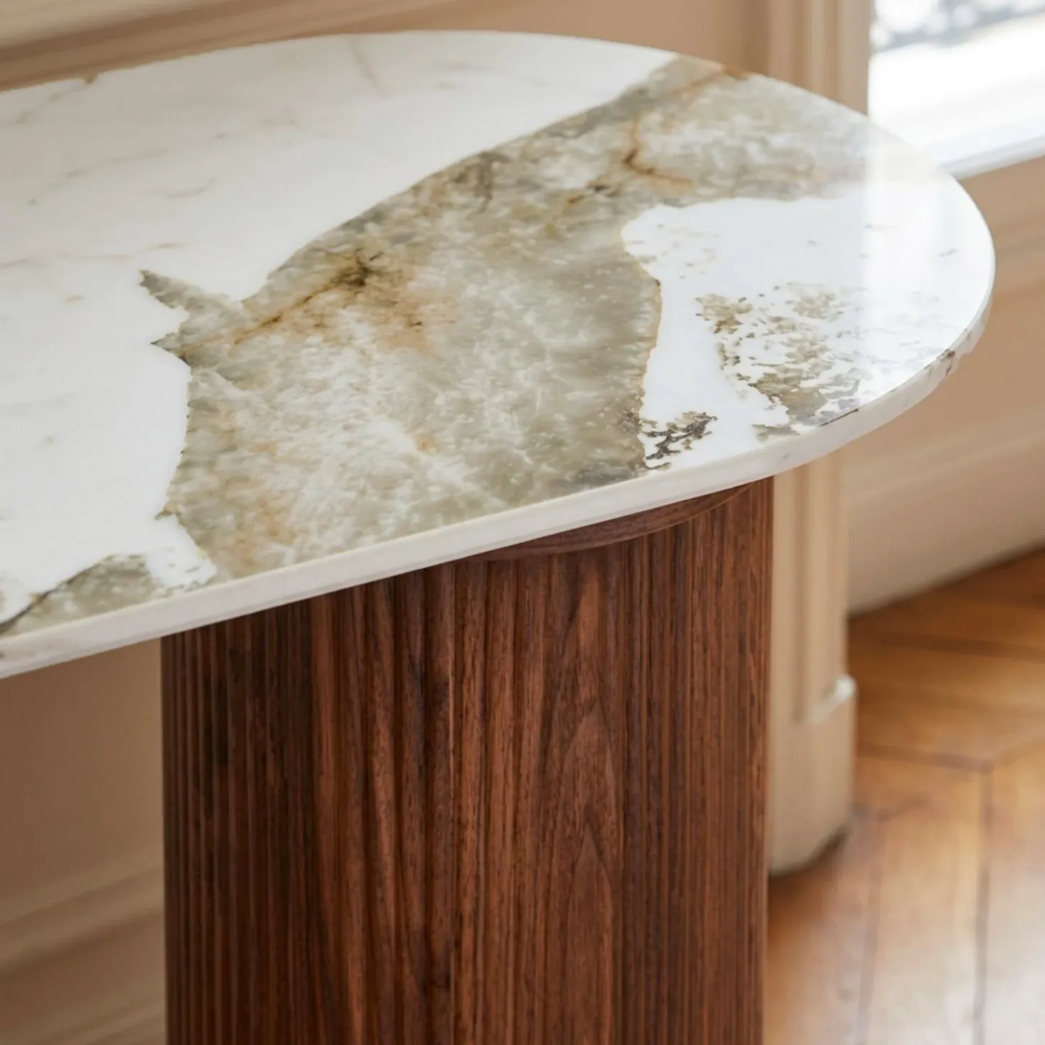 Console moderne pieds colonnes 40x120cm Eglantine Bois et Céramique Effet marbre Blanc