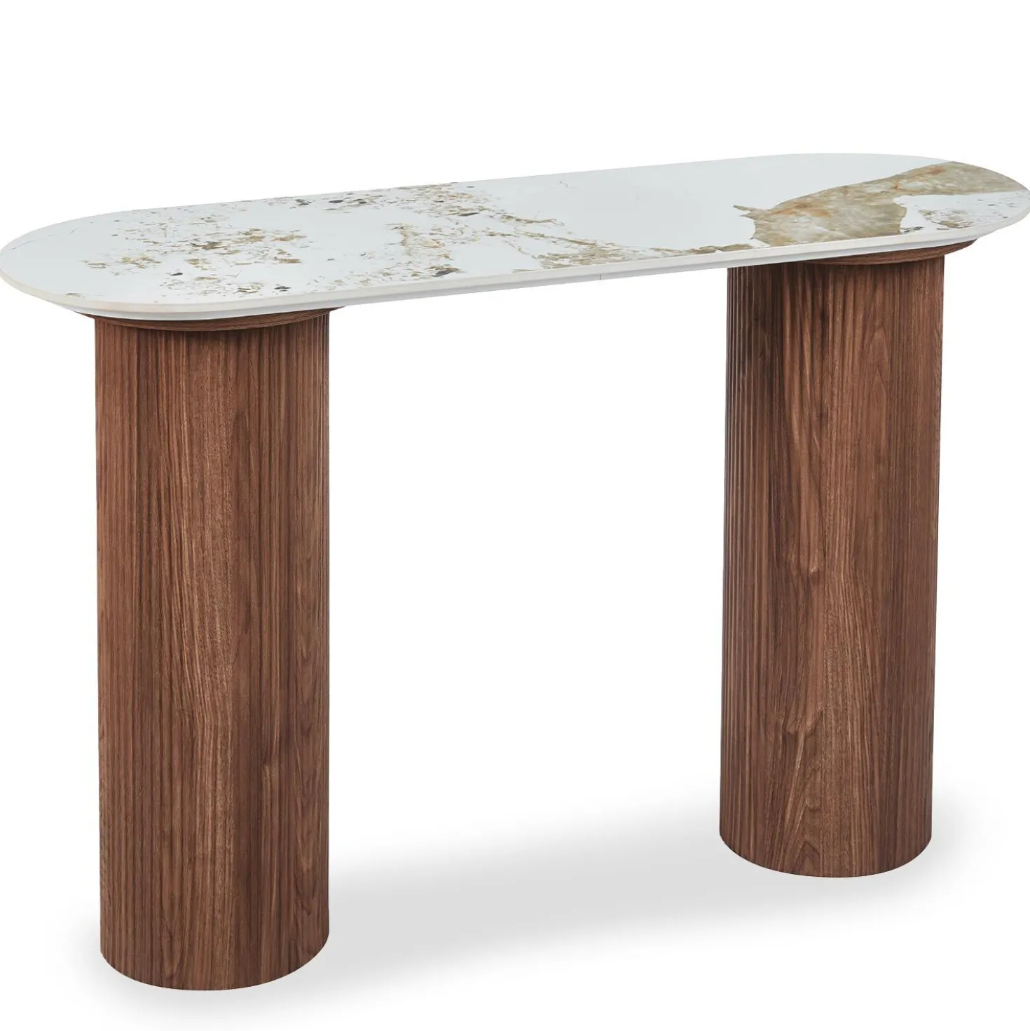 Console moderne pieds colonnes 40x120cm Eglantine Bois et Céramique Effet marbre Blanc
