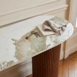 Console moderne pieds colonnes 40x120cm Eglantine Bois et Céramique Effet marbre Blanc