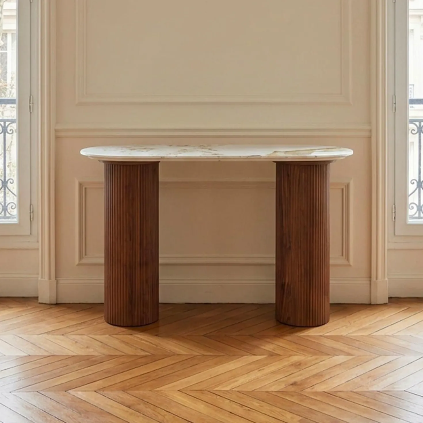Console moderne pieds colonnes 40x120cm Eglantine Bois et Céramique Effet marbre Blanc