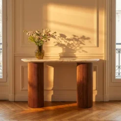 Console moderne pieds colonnes 40x120cm Eglantine Bois et Céramique Effet marbre Blanc