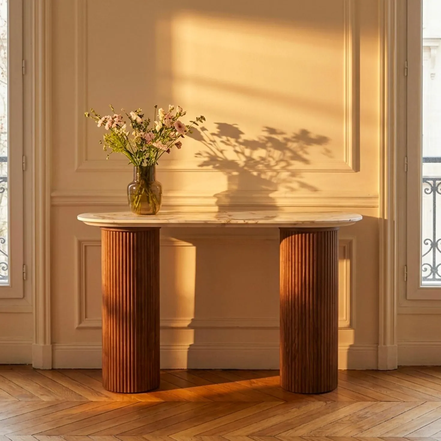 Console moderne pieds colonnes 40x120cm Eglantine Bois et Céramique Effet marbre Blanc