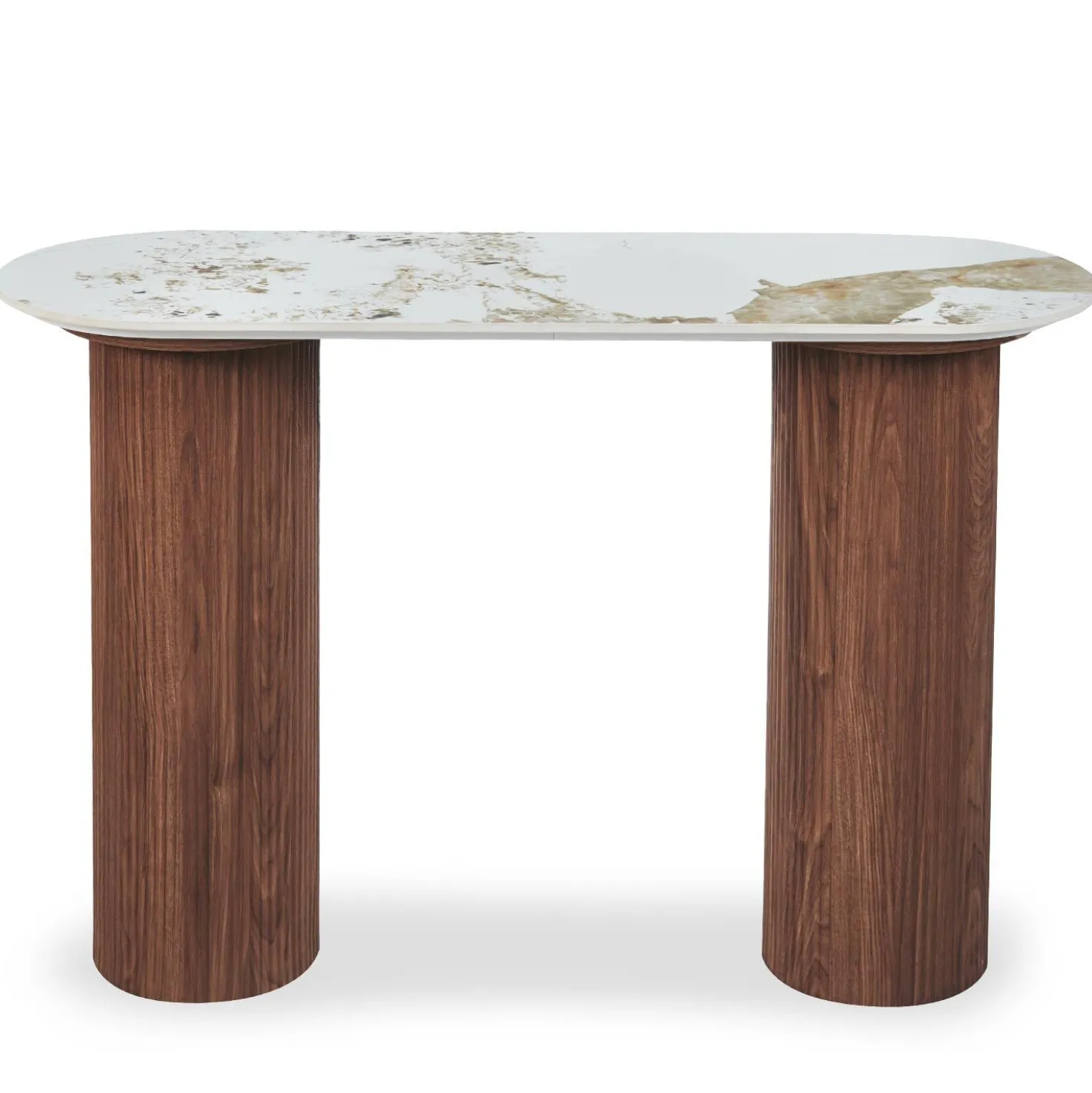 Console moderne pieds colonnes 40x120cm Eglantine Bois et Céramique Effet marbre Blanc