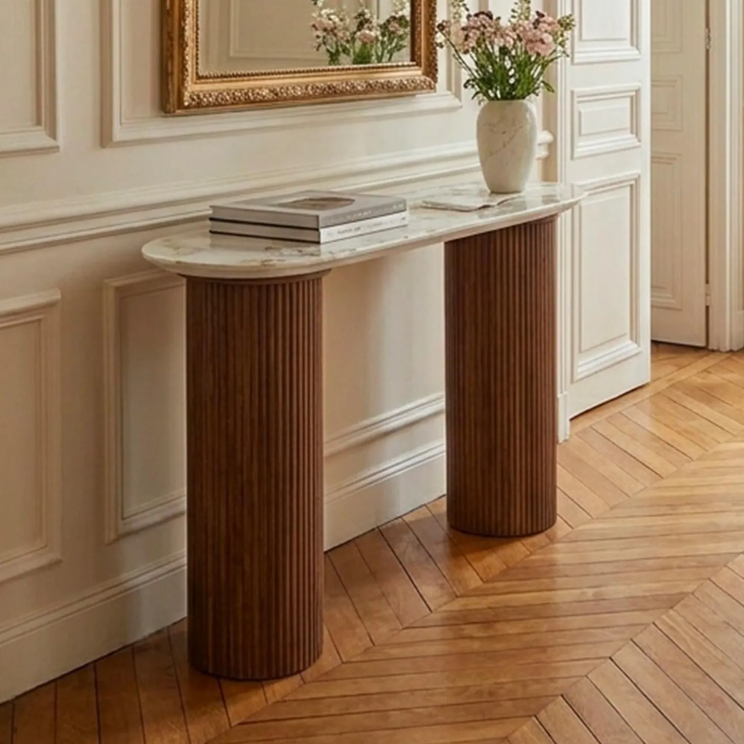 Console moderne pieds colonnes 40x120cm Eglantine Bois et Céramique Effet marbre Blanc