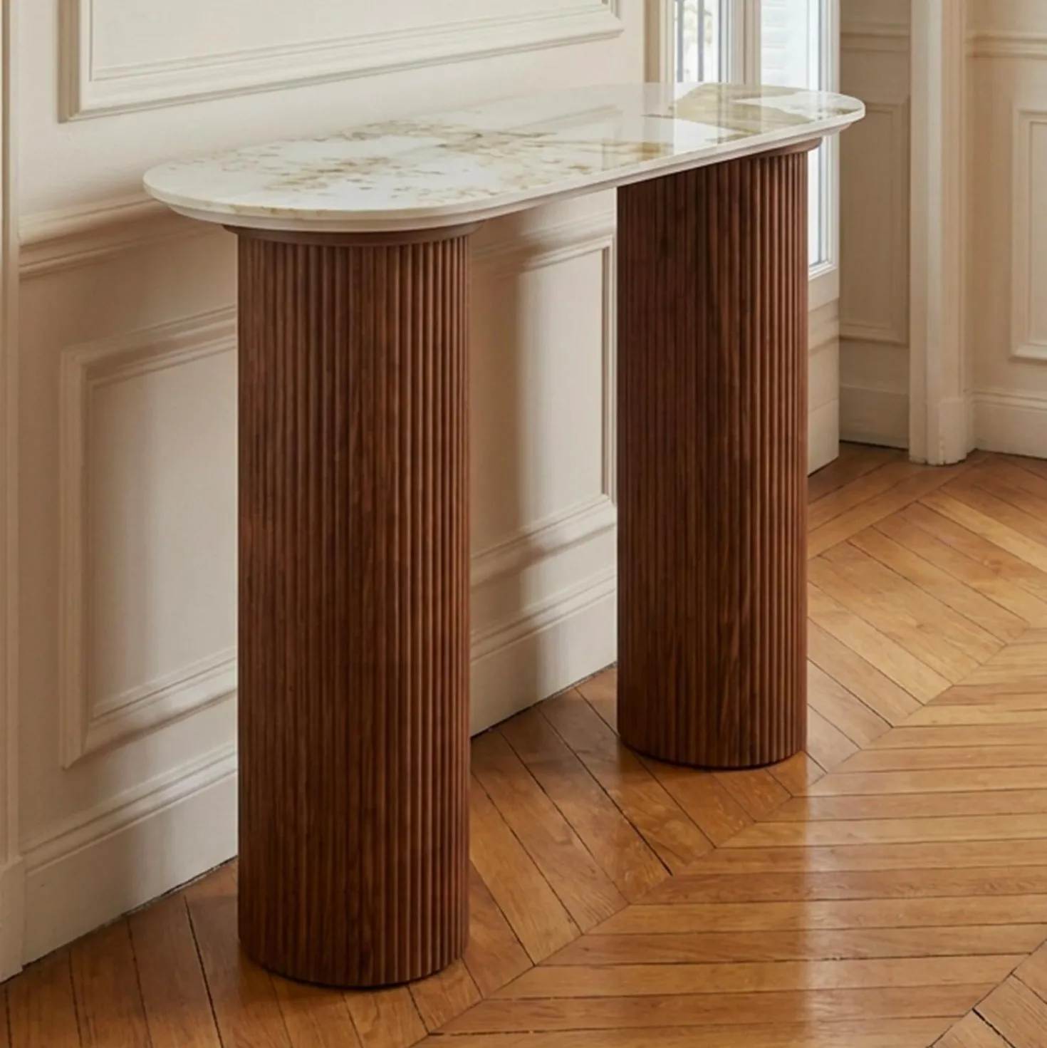 Console moderne pieds colonnes 40x120cm Eglantine Bois et Céramique Effet marbre Blanc