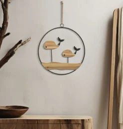 Décoration murale 3D ronde Baleines métal et bois massif