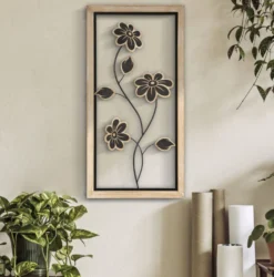 Décoration murale fleurs Girish Métal Noir et Bois Marron