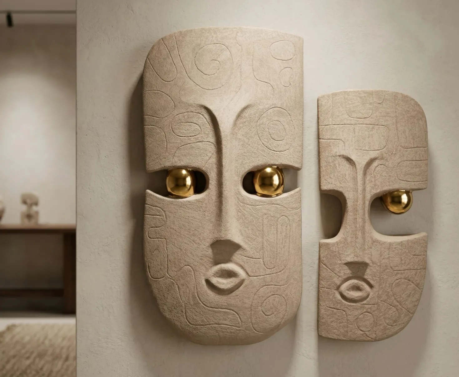Décor mural 2 pièces visages stylisés en relief avec détails métalliques