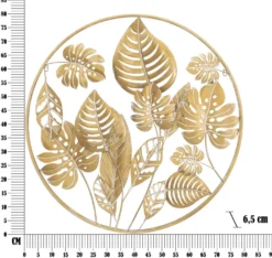 Décor mural rond 3D en métal doré avec feuilles