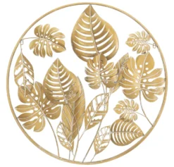 Décor mural rond 3D en métal doré avec feuilles