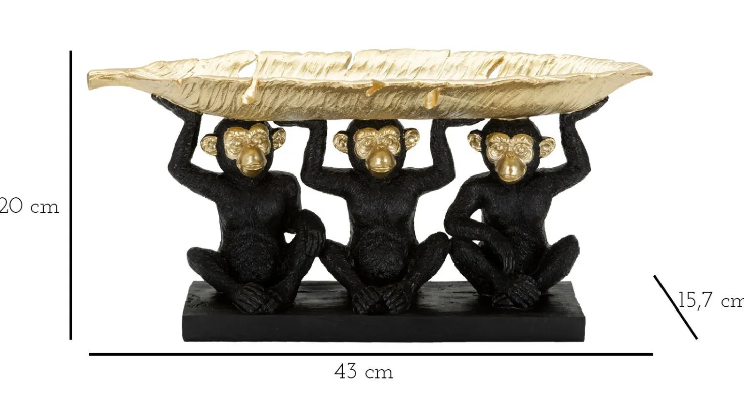 Décor Singe Tris Polyrésine Noir et Feuille de Palmier Dorée