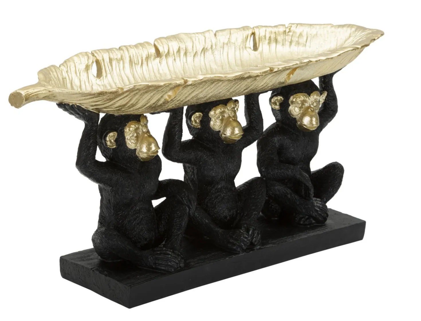 Décor Singe Tris Polyrésine Noir et Feuille de Palmier Dorée