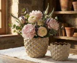 Ensemble de cache-pots géométriques Pépitas en céramique beige et doré