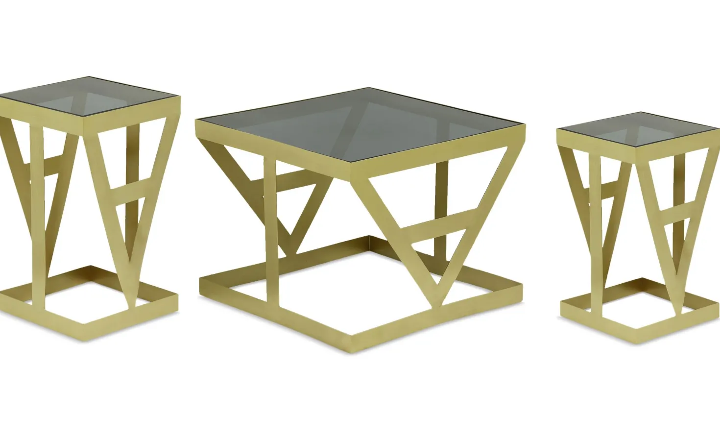 Ensemble de 3 tables d'appoint Amstra en Verre fumé et Métal Or