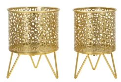 Ensemble de 2 vases porte-épingle métal doré décoré de sculptures irrégulières