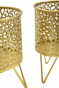 Ensemble de 2 vases porte-épingle métal doré décoré de sculptures irrégulières