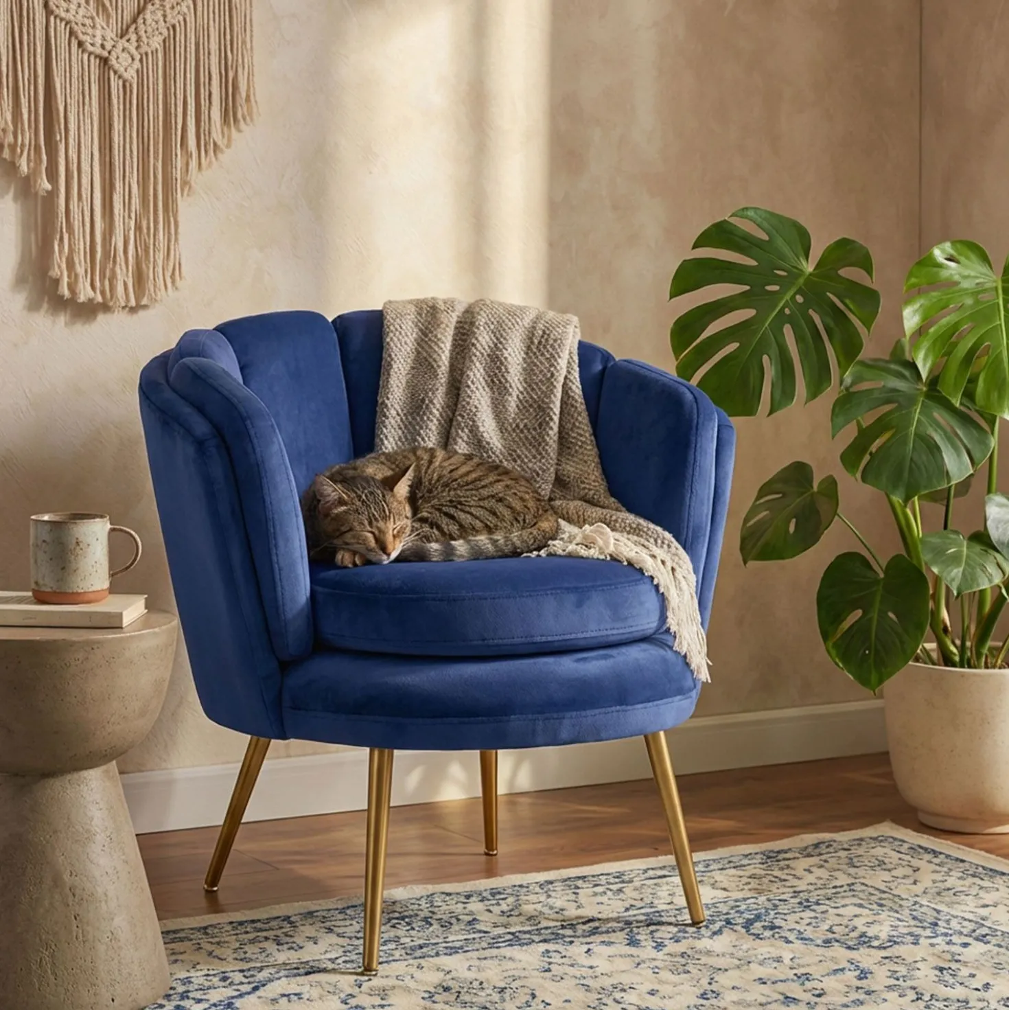 Fauteuil arrondi Brenda Velours Bleu