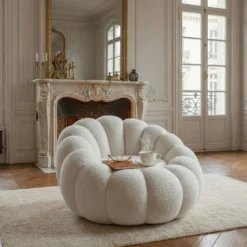 Fauteuil design coquillage Arielina Tissu bouclette Blanc