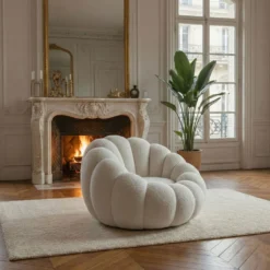 Fauteuil design coquillage Arielina Tissu bouclette Blanc