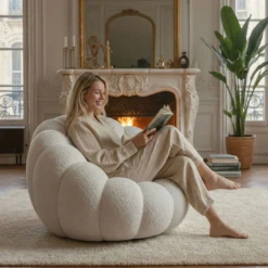 Fauteuil design coquillage Arielina Tissu bouclette Blanc