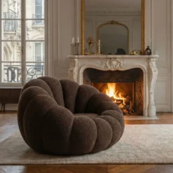 Fauteuil design coquillage Arielina Tissu bouclette Marron