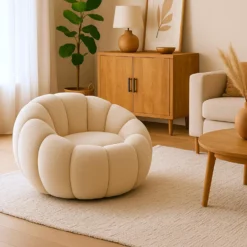 Fauteuil design coquillage Horizan Tissu bouclette Crème