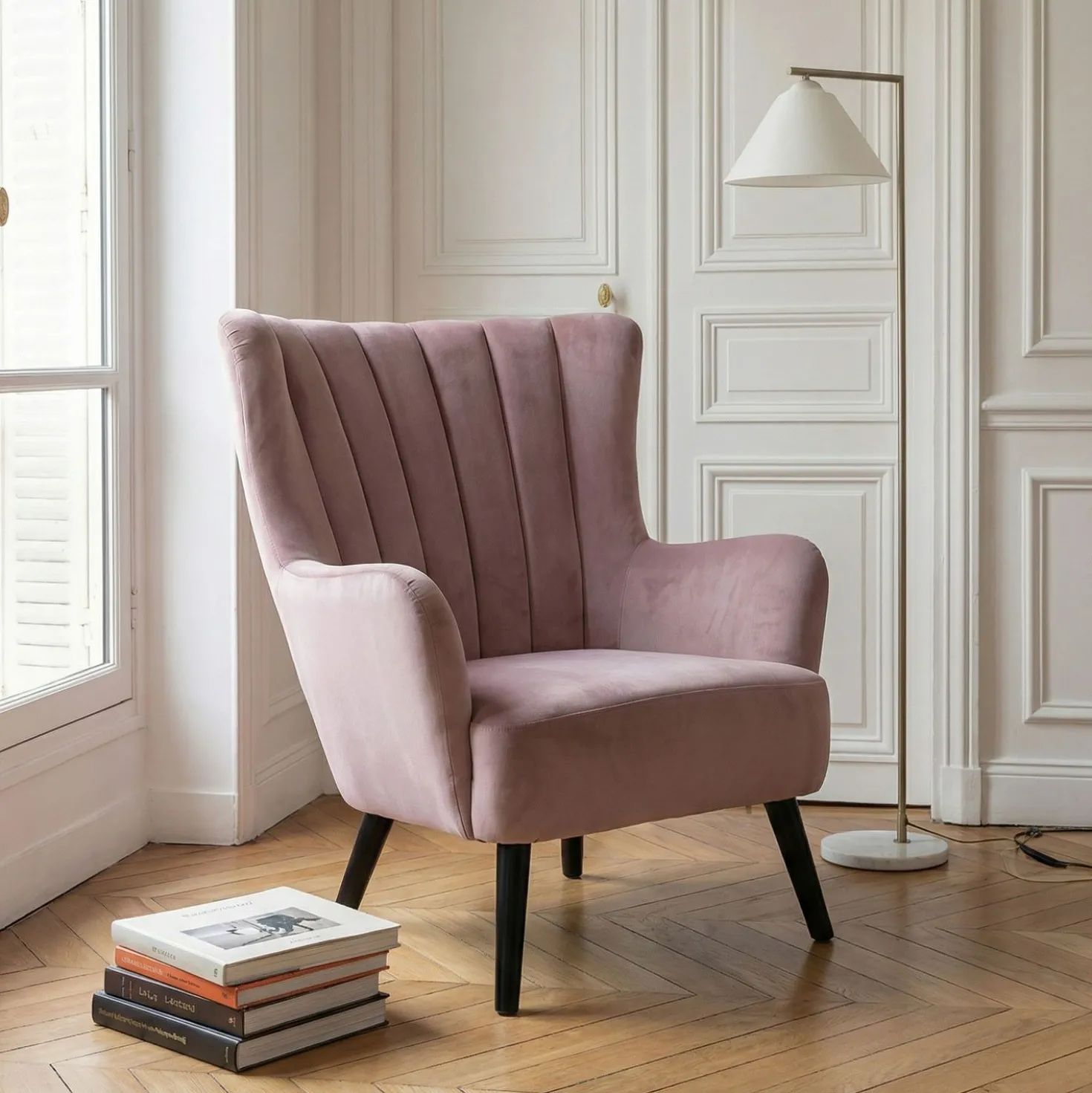 Fauteuil matelassé Vidal en Velours Rose