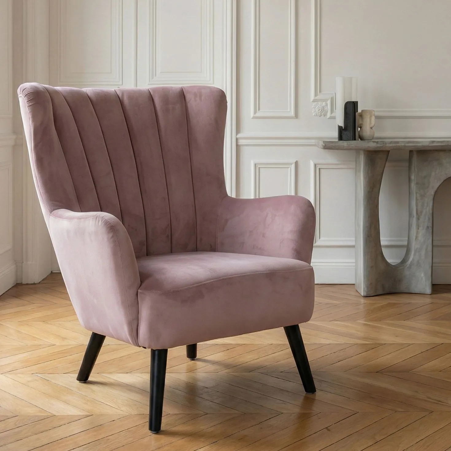 Fauteuil matelassé Vidal en Velours Rose