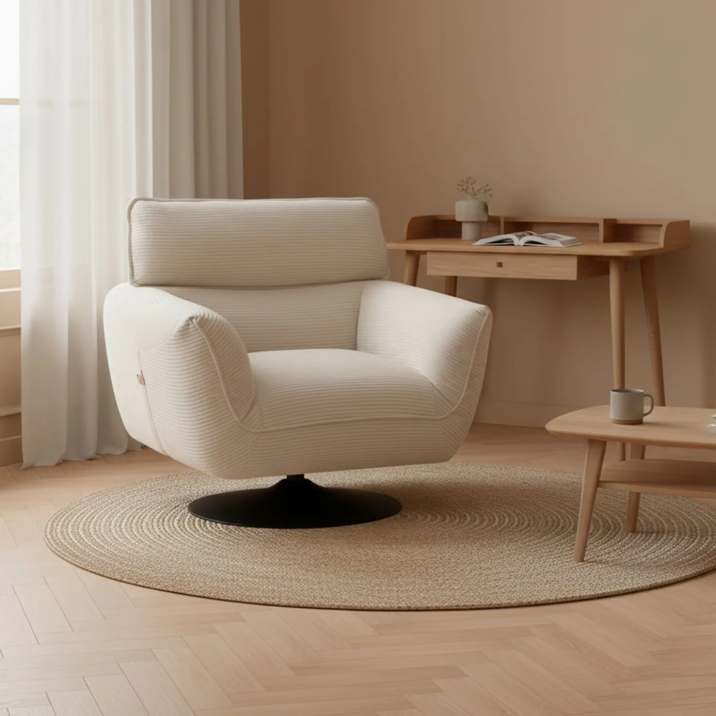 Fauteuil pivotant moderne avec dossier réglable Ghislain Velours côtelé Crème