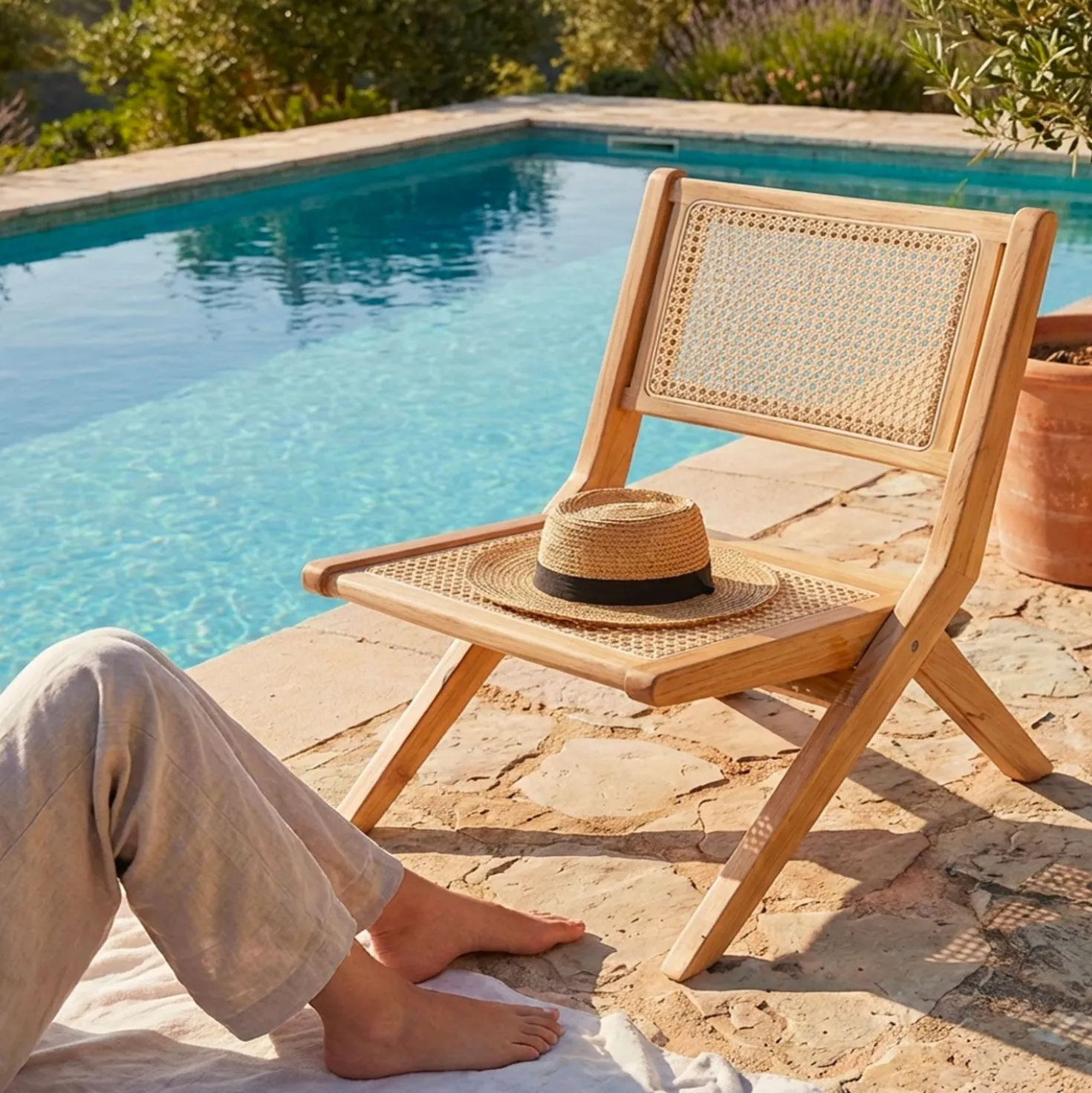 Fauteuil pliant Masdam Bois massif naturel et cannage en rotin
